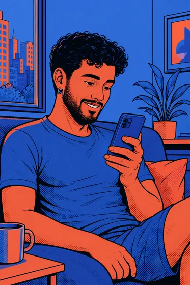 Descoberta: homem conferindo o celular em casa