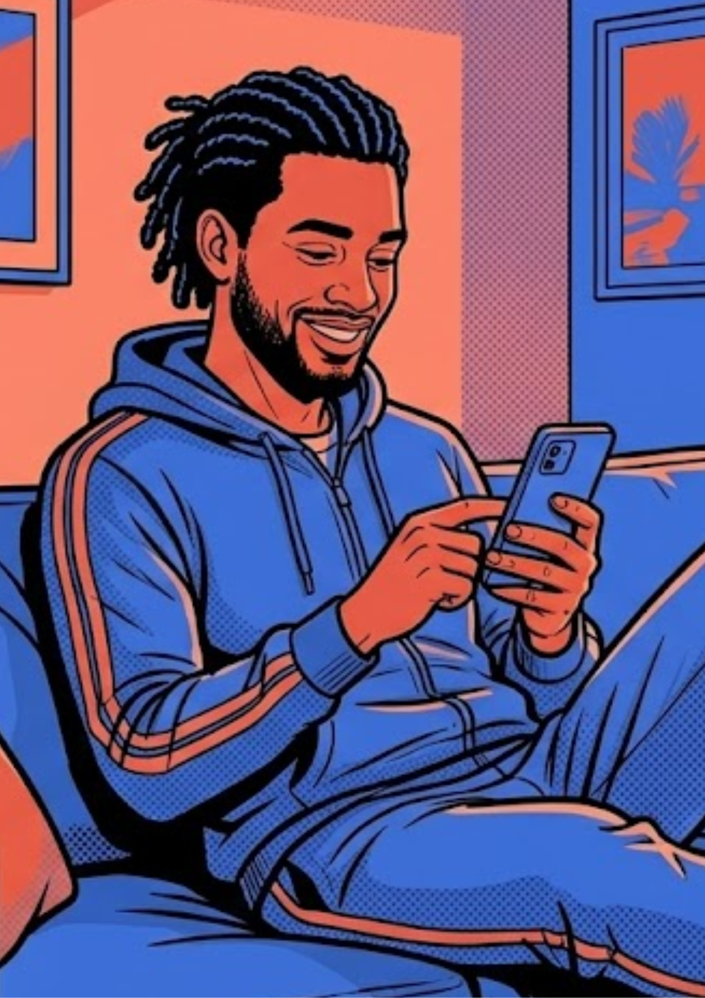 Homem sorrindo enquanto mexe no celular em casa