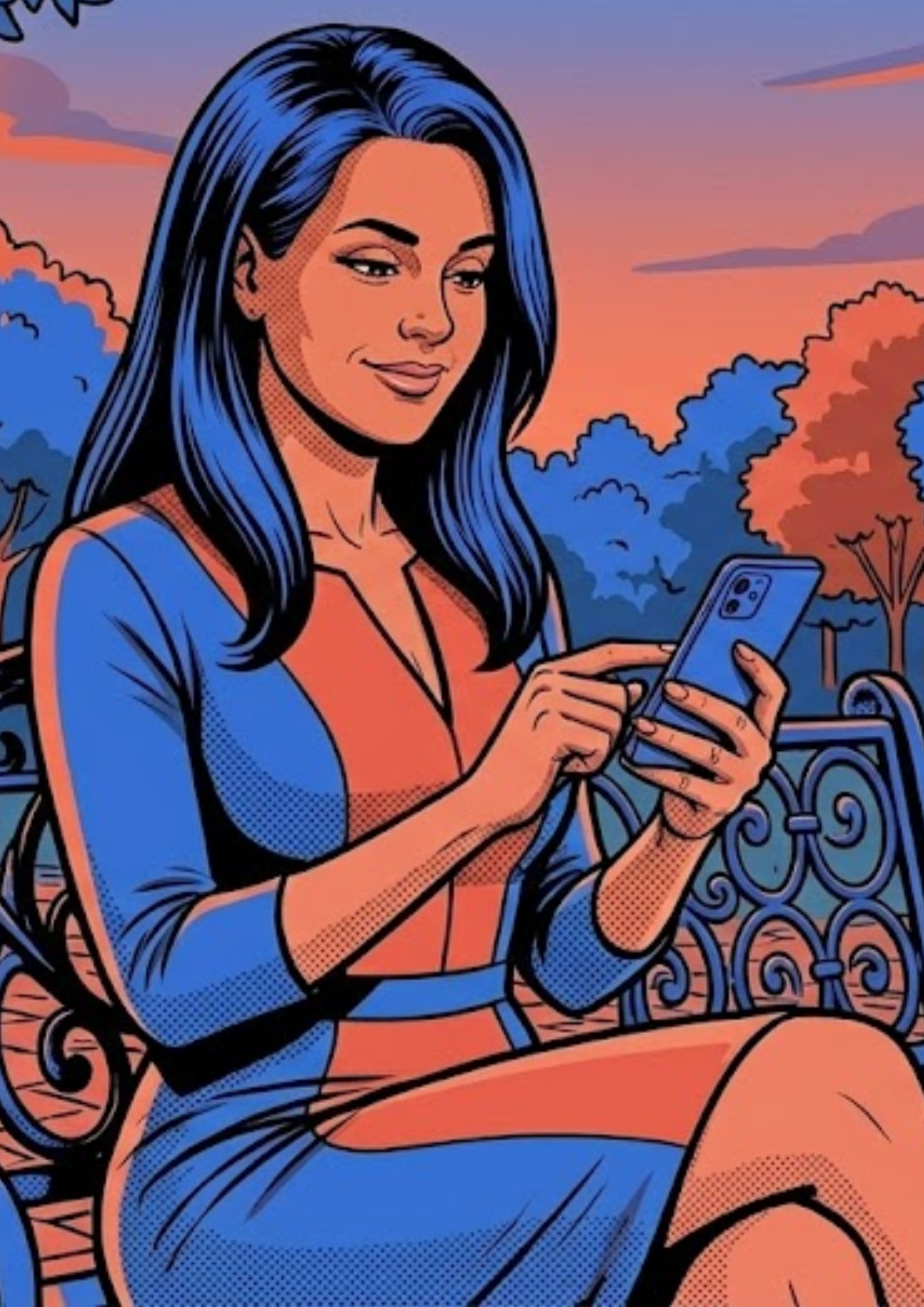 Mulher sentada em um banco de praça, digitando no celular